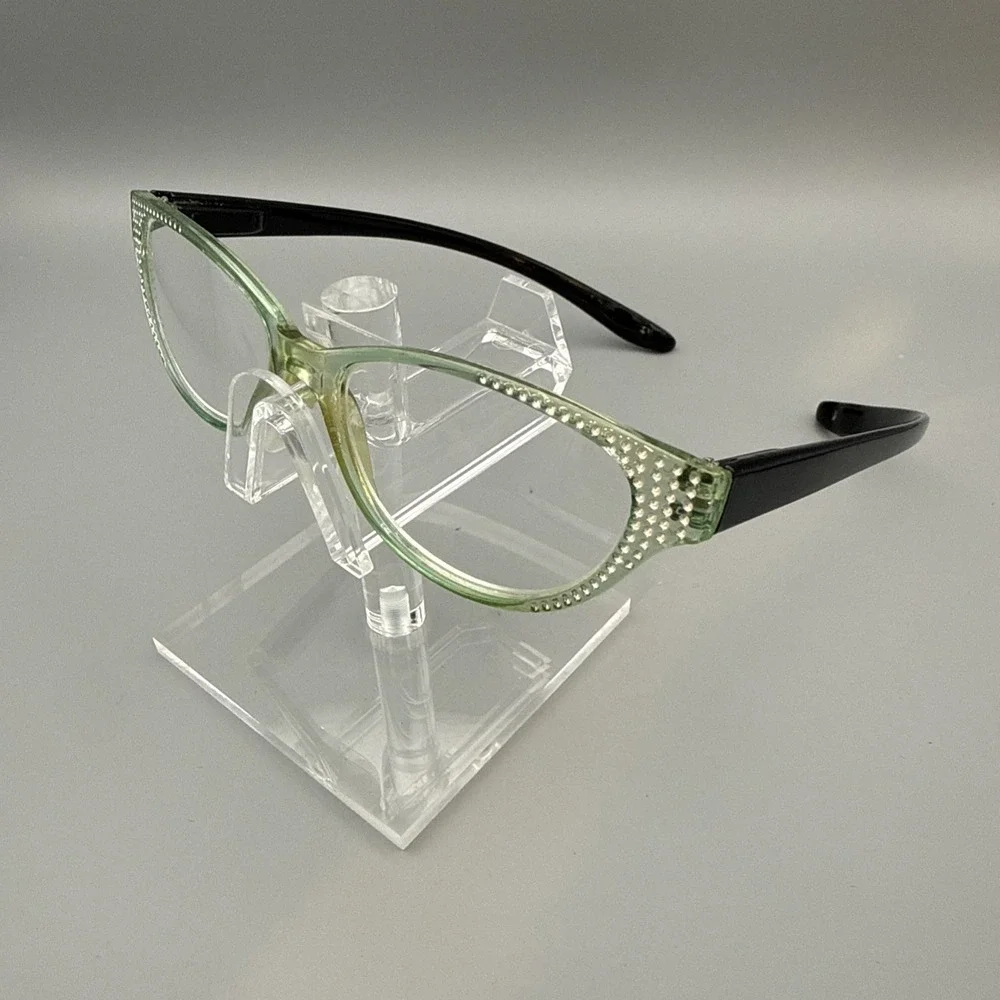 Crystal Rhinestone Cat Eyes Reading Glasses Optical Lens Clear Bling Green/Black